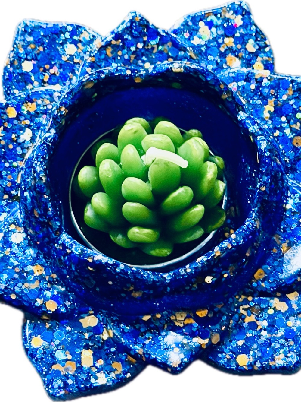Blue Glitter resin led Lotus Candle Holder or small succulent planter.